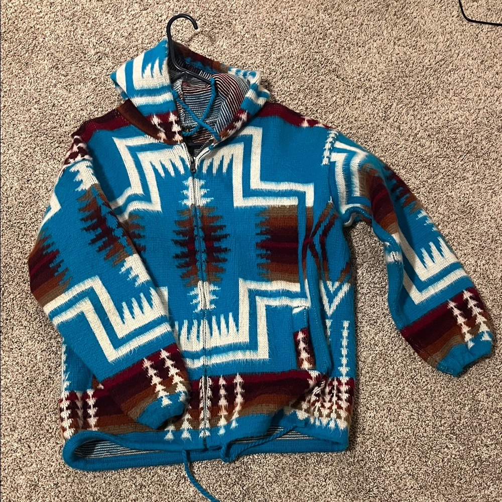 Men's Blue Aztec Zip-Up Hooded Sweater